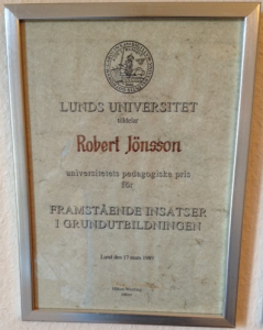 Lunds Universitet, Pedagogiska pris för framstående insatser i grundutbildningen, 1989.